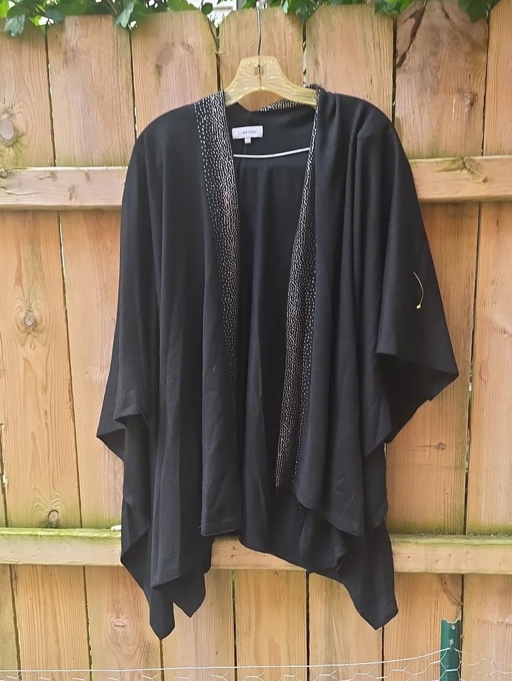 Calvin Klein Black Draped Open-Front Poncho with Embellished Trim